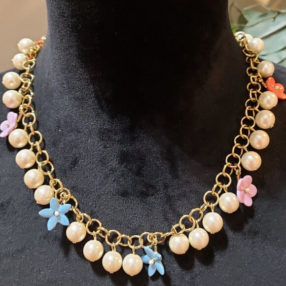 Ann Taylor Jewelry - Ann Taylor Womens Gold Tone Faux Pearls Flower Charms Necklace with Hook & Eye